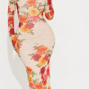 Fashion Nova Floral Long Sleeve Dress - Red, Orange, Yellow